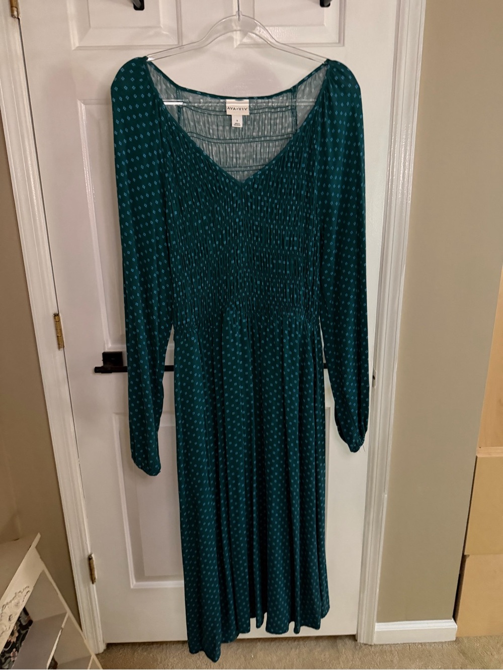 Ava & Viv Teal Smocked V‑Neck Long Sleeve Midi Dress